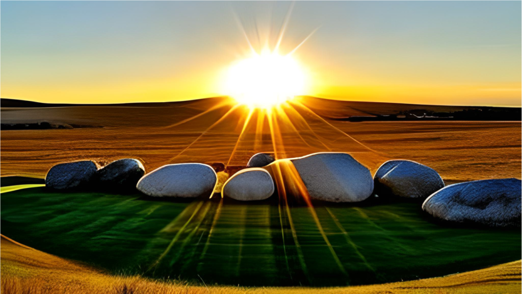 pedras de diferentes tamanhos simbolizam quebrar padrões familiares, uma vez que elas estão alinhadas como um sistema familiar e sendo iluminadas pelo sol no horizonte.