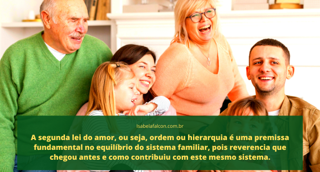 A segunda das leis do amor, ou seja, ordem ou hierarquia é uma premissa fundamental no equilíbrio do sistema familiar, pois reverencia que chegou antes e como contribuiu com este mesmo sistema.